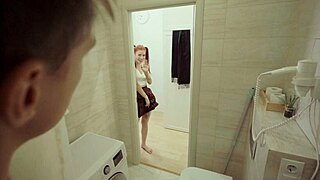 I came in my red-haired neighbor's mouth in the toilet room after bending her over