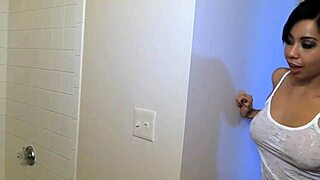 this busty babe in cfnm scene tugs on a huge cock until he cums in her mouth