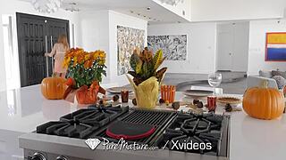 Oh yes, suck that monster cock in the kitchen! Busty wife moans.