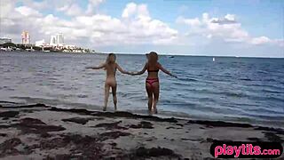 Beach trip turns into double blowjob and sex with two teen 18+s – what a wild group!