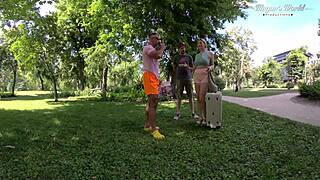 Busty woman enjoys threesome sex backstage with gaping and orgasms