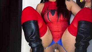 spider woman cosplayer cums on huge black cock.