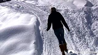 hot stepmom shows tits and pees in snowy outdoor jeans