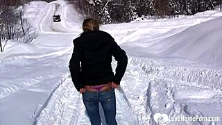 hot stepmom shows tits and pees in snowy outdoor jeans