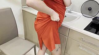 mature teacher getting a lesson in the kitchen from a stud