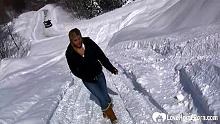 hot stepmom shows tits and pees in snowy outdoor jeans