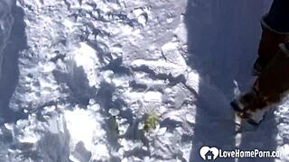 hot stepmom shows tits and pees in snowy outdoor jeans