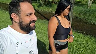 taking cum in pussy then bathing naked outside