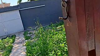 taking cum in pussy then bathing naked outside