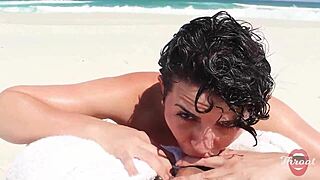 skinny african teen with small tits and short hair performs deepthroat blowjob on the beach, cumshot witnessed by bathers