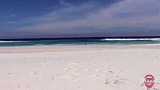 skinny african teen with small tits and short hair performs deepthroat blowjob on the beach, cumshot witnessed by bathers