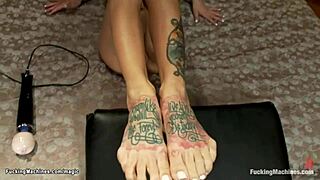 Tattooed busty brunette's kinky anal machine fuck contrasts with vibrator play