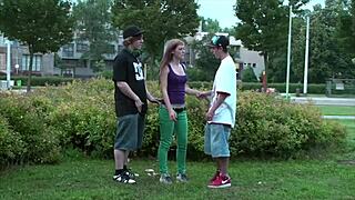 Alexis crystal fucks two guys publicly.