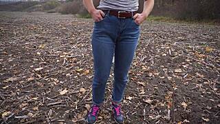 Milf Teases Big Cameltoe in Tight Jeans Outdoors
