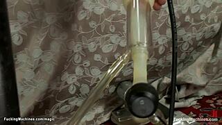 Tattooed busty brunette's kinky anal machine fuck contrasts with vibrator play