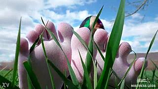 Goddess spreads curly feet in white socks on spring grass field
