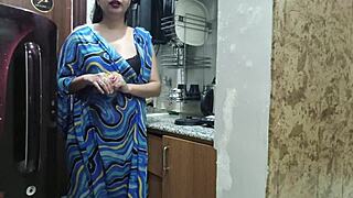 indian stepmom watches and enters her stepsons kitchen to check on him