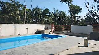 Bricklayer Jerks Off and Cums for Prepared Slut at Pool.