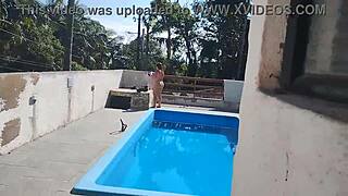 Bricklayer Jerks Off and Cums for Prepared Slut at Pool.