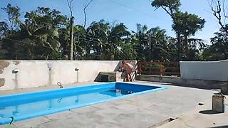 Bricklayer Jerks Off and Cums for Prepared Slut at Pool.