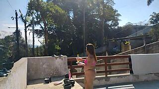 Bricklayer Jerks Off and Cums for Prepared Slut at Pool.