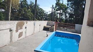 Bricklayer Jerks Off and Cums for Prepared Slut at Pool.