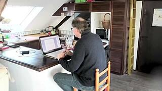 European Slut Gets Rough Quickie Fuck In POV, Swallows Cum, Caught By Husband.