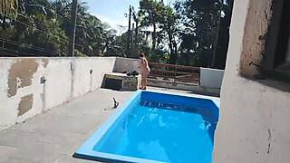 Bricklayer Jerks Off and Cums for Prepared Slut at Pool.