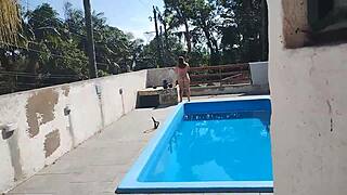 Bricklayer Jerks Off and Cums for Prepared Slut at Pool.