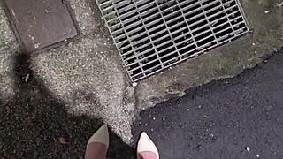 Shemale Ting Xuan WALKS OUTSIDE to PEE, then MASTURBATES and CUMS on her thigh.