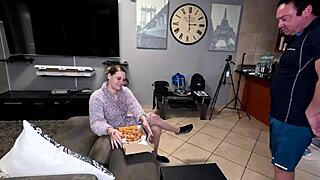Fucking a pizza delivery man while eating the pizza with bent over handjob and missionary tits