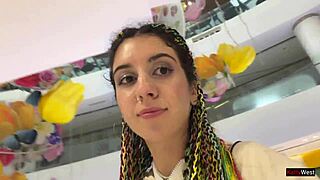 Crazy cumwalk through public mall leads to blowjob in toilet