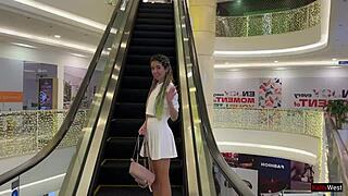 Crazy cumwalk through public mall leads to blowjob in toilet