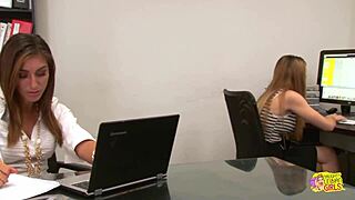 blonde and brunette skip work for office lesbian encounter