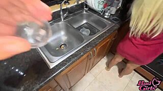 We chat in the kitchen and end up fucking