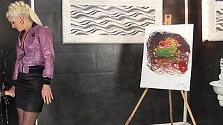 Glamorous slut in stockings masturbates at gloryhole for bukkake