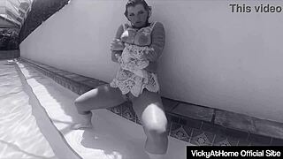 I am nympho vicky vette pleasing my holes with sex toys at the pooll.