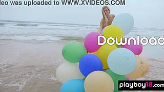 Skinny milf undresses naked playing with balloons on beach