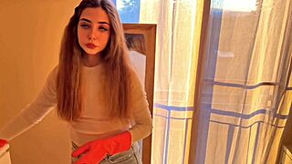 Petite blonde cleaner in jeans gets fucked hard, squirting on big ass.