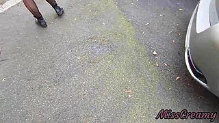 Dick flash - i pull out my cock in front of a hot girl between cars on the public street and she helps me cum - real very risky