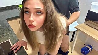 Petite blonde cleaner in jeans gets fucked hard, squirting on big ass.