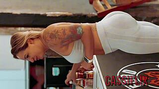 After gym workout without panties, latina milf showers with trainer's monster cock for ass to mouth cumshot.