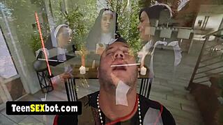 Three sexy nuns get intensely fucked by lucky guy in uniforms