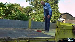 Horny secretary with shaved pussy ready for outdoor fucking