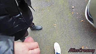 Dick flash - i pull out my cock in front of a hot girl between cars on the public street and she helps me cum - real very risky