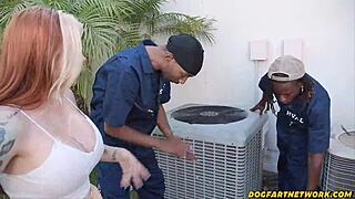 big tittied redhead spitroasted by massive cocked repairmen doggystyle