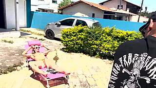 Blonde wife fucks pool cleaner outdoors while husband is away!