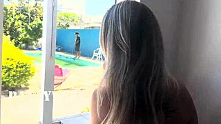 Blonde wife fucks pool cleaner outdoors while husband is away!