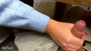 cute babe gives blowjob in public toilet