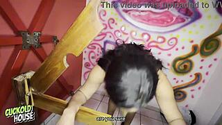 Naughty brazilian bride fucks two men in bdsm room close up